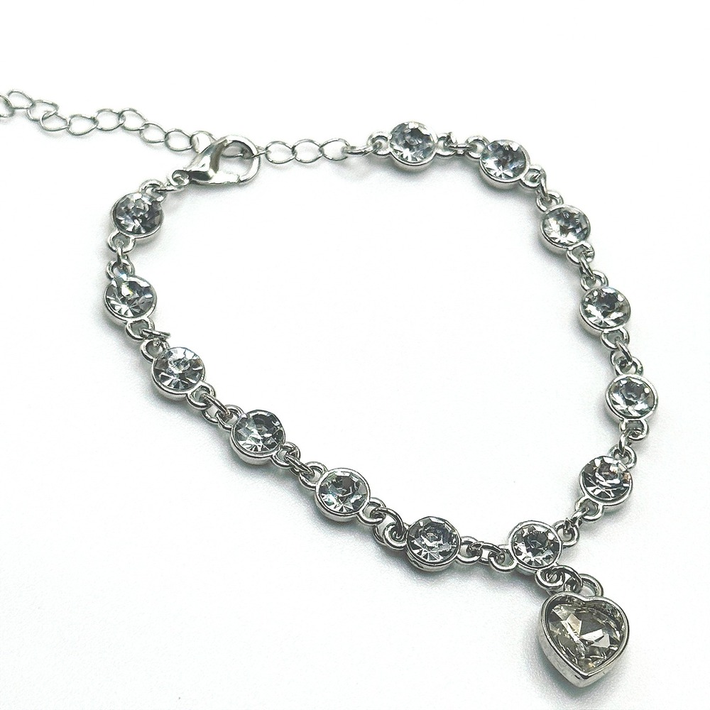 Heart Charm Bracelet Made with Swarovski Crystal Silver Overlay Link Adjustable